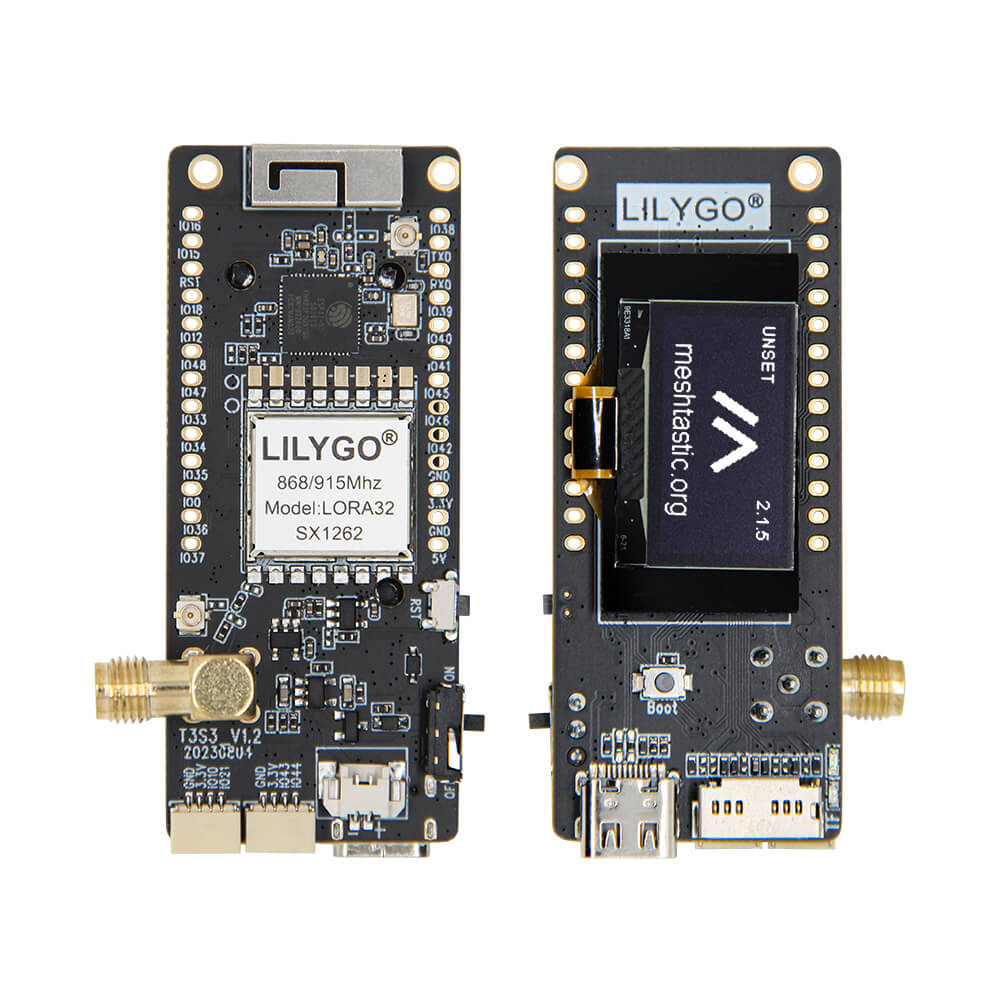 LILYGO T3-S3 with display, shown from both sides. Manufacturer illustration of the product family.