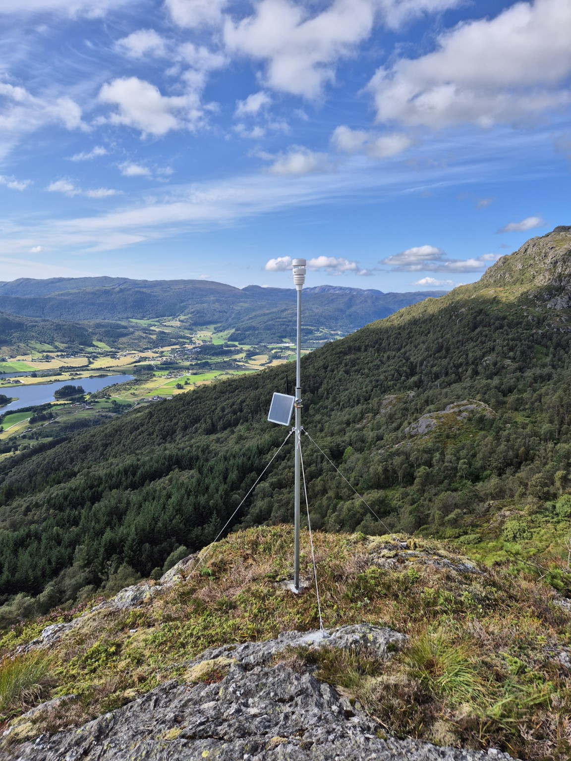 Weather sensor, solar-powered node and guyed mast at Blikra.